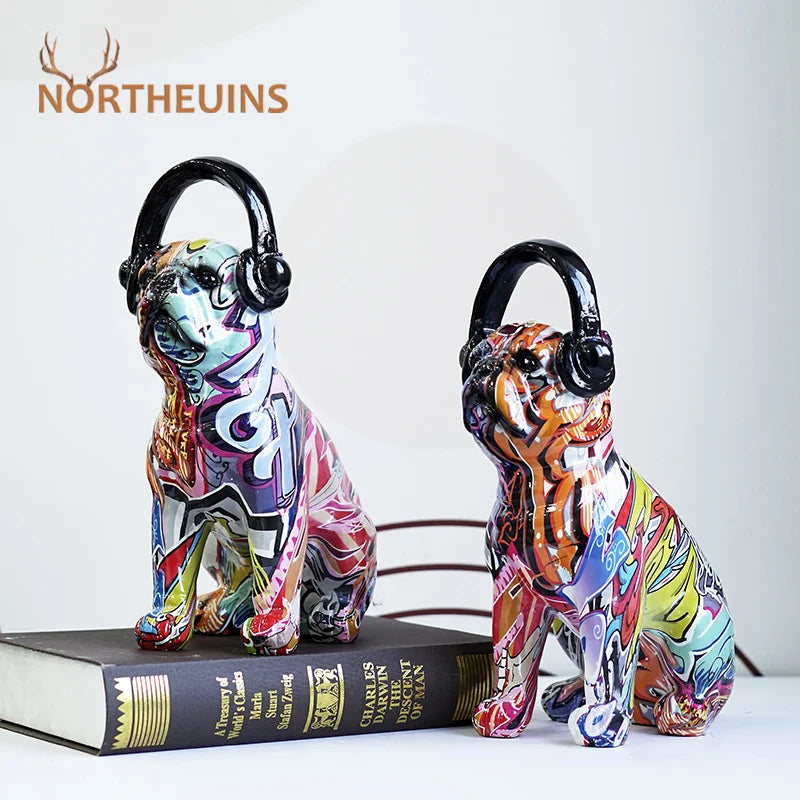 Afralia™ Bulldog Headphone Figurines: Resin Graffiti Art Dog Statue Desktop Decor