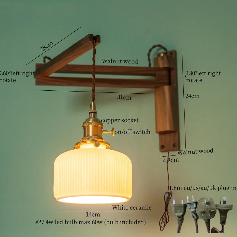Afralia™ Walnut Wood LED Wall Lamp Copper Ceramic Minimalistic Loft Light