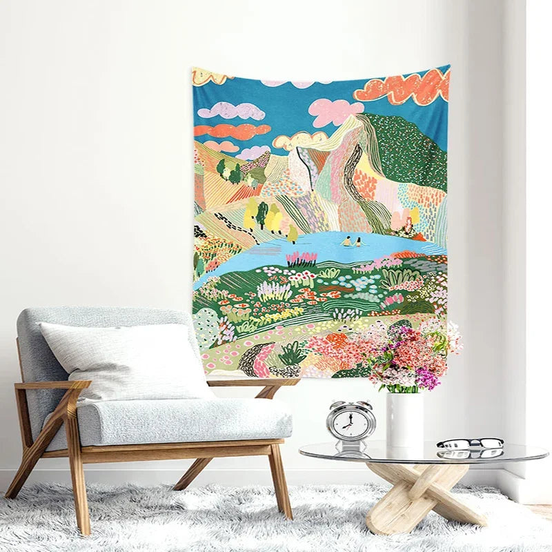 Nordic Landscape Tapestry - Afralia™ Pastoral Illustration Bedside Wall Hanging for Bedroom Décor