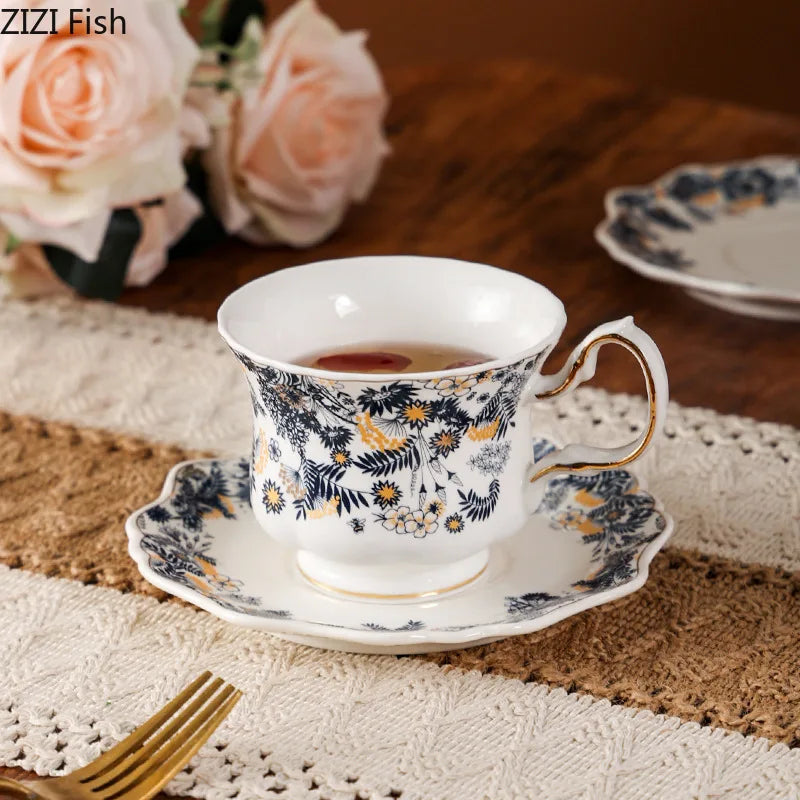 Afralia™ Blue & White Porcelain Classic Coffee Mug Set Gold Rim Tea Cup Saucer