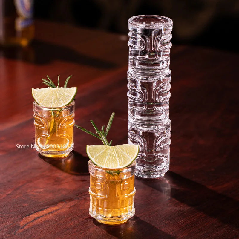 Afralia™ Tiki Glass Shot Cups - Cocktail Stacking Set with Tray - 50ml Mini Tiki Bar Accessories