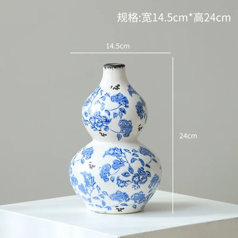 Afralia™ Blue & White Porcelain Gourd Teapot Vase - Chinese Retro Flower Arrangement Accessories