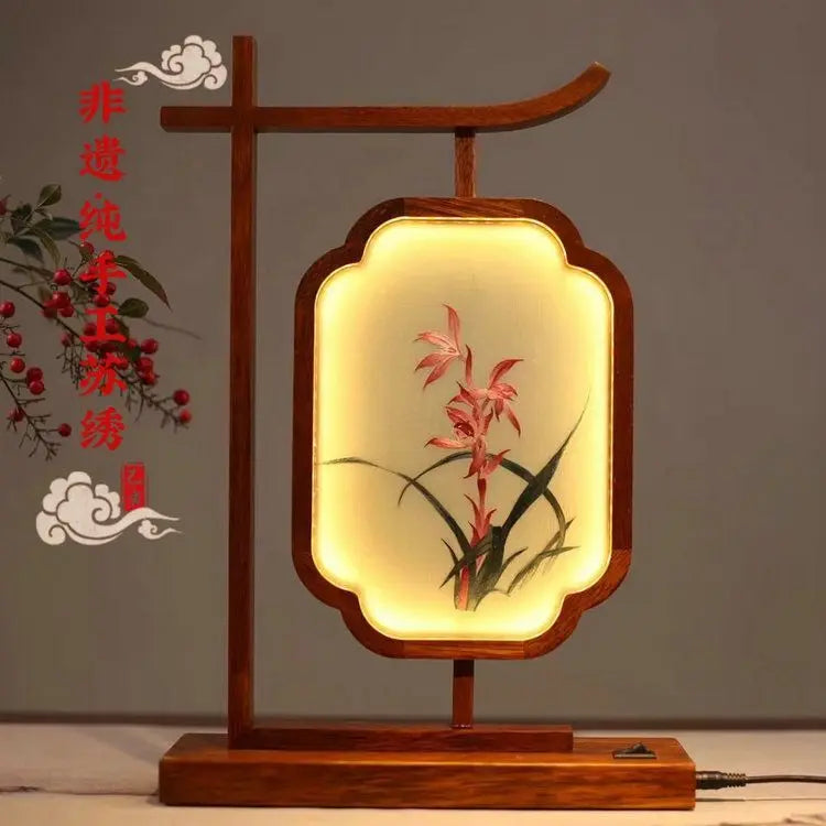 Afralia™ Chinese Style Embroidered Desk Lamp Decoration Screen - Double-Sided Home Table Decor