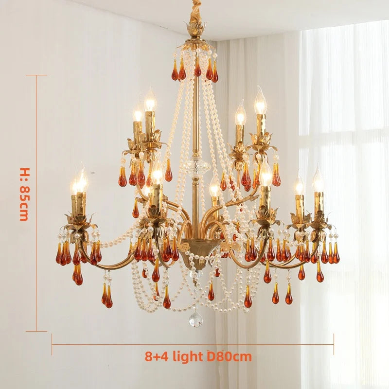 Afralia™ Luxury Red Crystal Candle Chandelier LED Pendant Light - Copper E14 Glamourizing Luminarias
