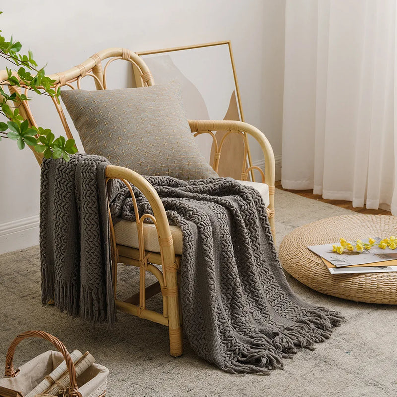 Afralia™ Hollow Plaid Knitted Throw Blanket with Tassels - Home Decor Essential