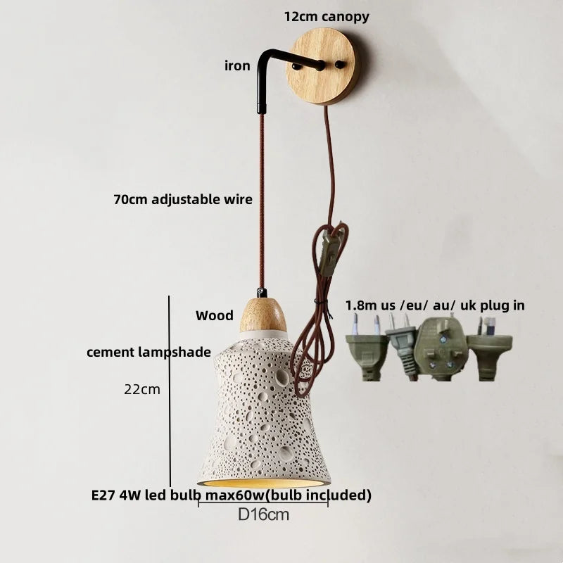 Afralia™ Modern Cement Lampshade LED Wall Lights with Pull Chain Switch - Adjustable Bedside Lamp