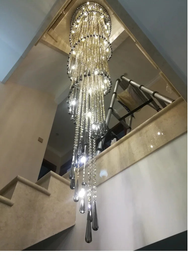 Afralia™ Smoky Gray Crystal Chandelier: Modern Luxury Lighting for Stairway, Corridors, and Villas