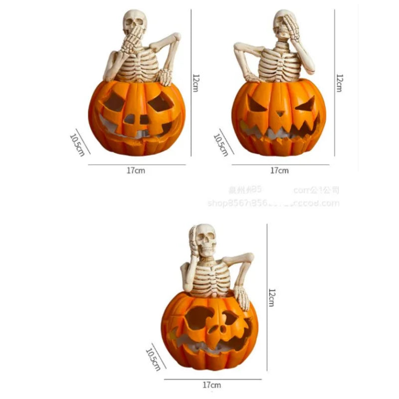 Afralia™ Halloween Skull Pumpkin Skeleton Sculpture Resin Home Decor Statuette