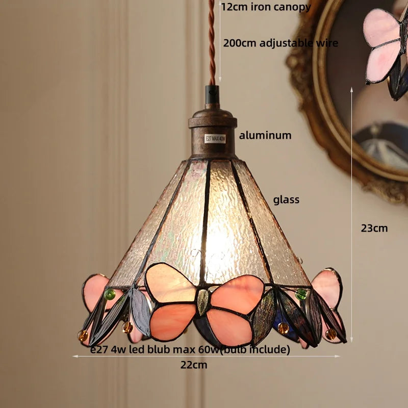 Afralia™ Tiffany Cat Glass LED Pendant Light in Walnut Wood Finish