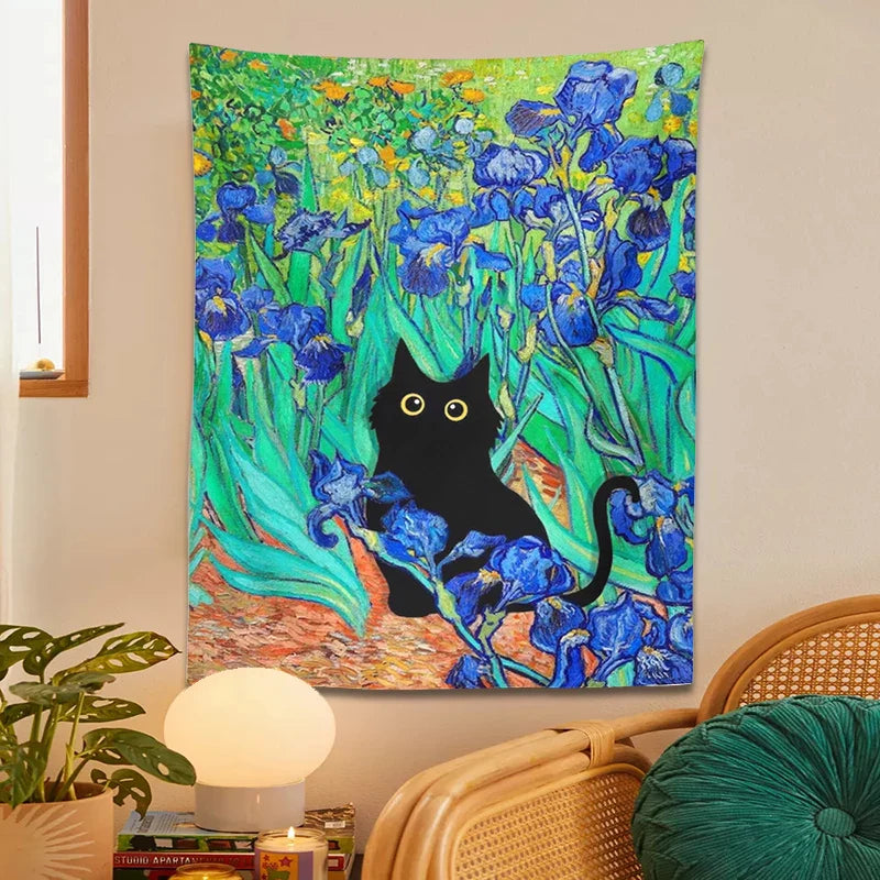 Afralia™ Irises Cat Tapestry: Van Gogh Inspired Black Cat Art & Floral Print