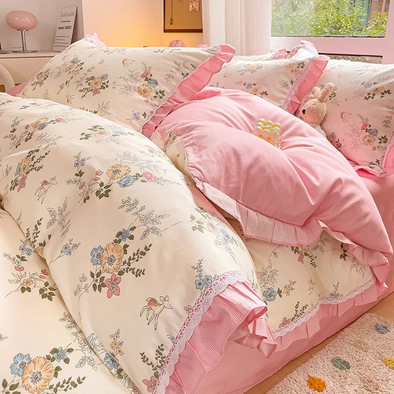 Afralia™ Floral Ruffles Bedding Set with Duvet Cover, Sheets, and Pillowcases