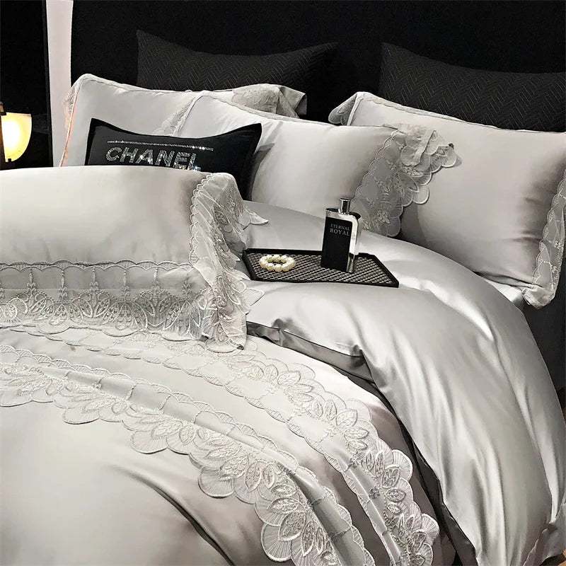 Afralia™ Lace Patchwork Silk Cotton Luxury Bedding Set Queen King Size