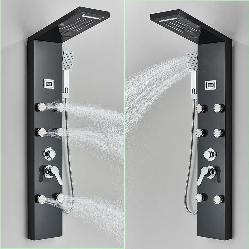 Afralia™ Black Shower Panel Column Wall Mount Rainfall Waterfall Faucet Hot Cold Mixer Tap