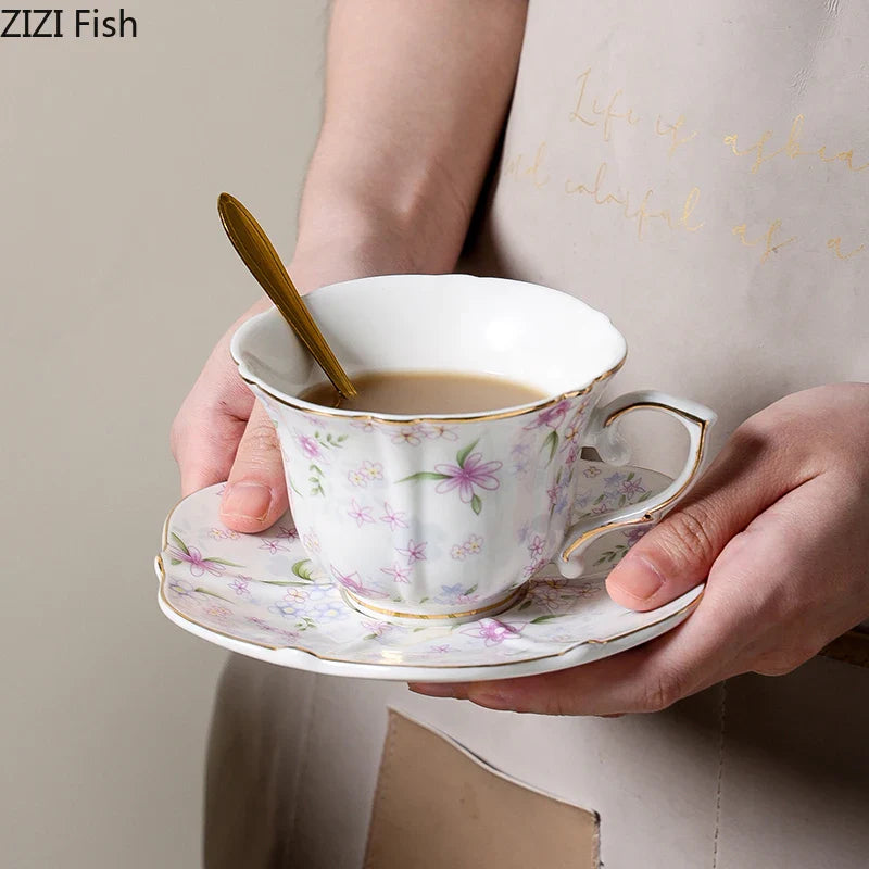 Afralia™ Floral Print Porcelain Coffee Mug with Gilding Edge