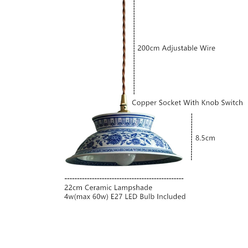 Afralia™ Vintage Ceramic LED Pendant Light with Adjustable Copper Socket & Knob Switch