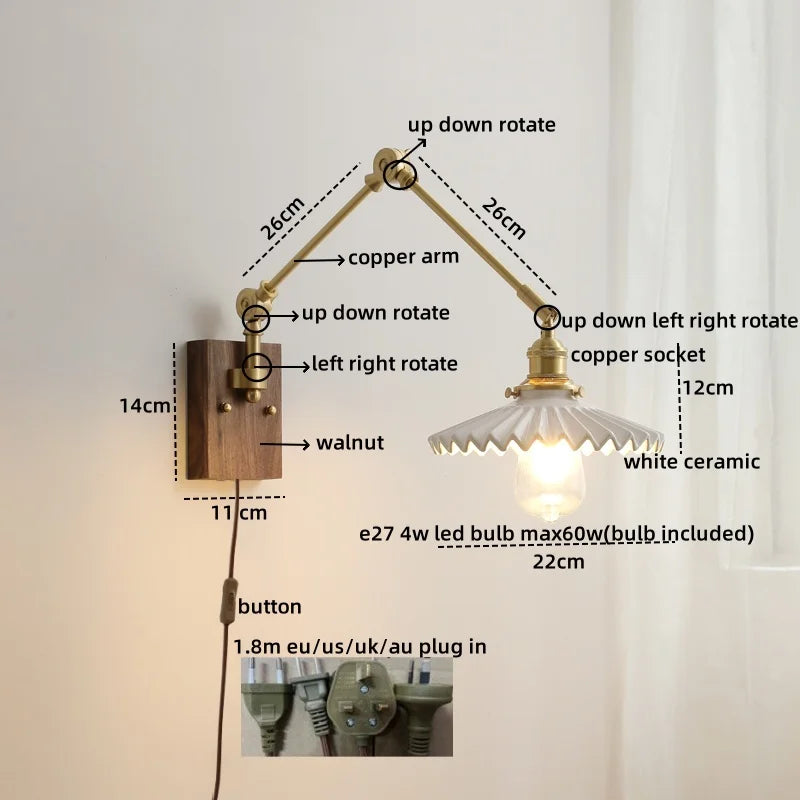 Afralia™ Ceramic Copper Swing Arm LED Wall Lights for Home Decor