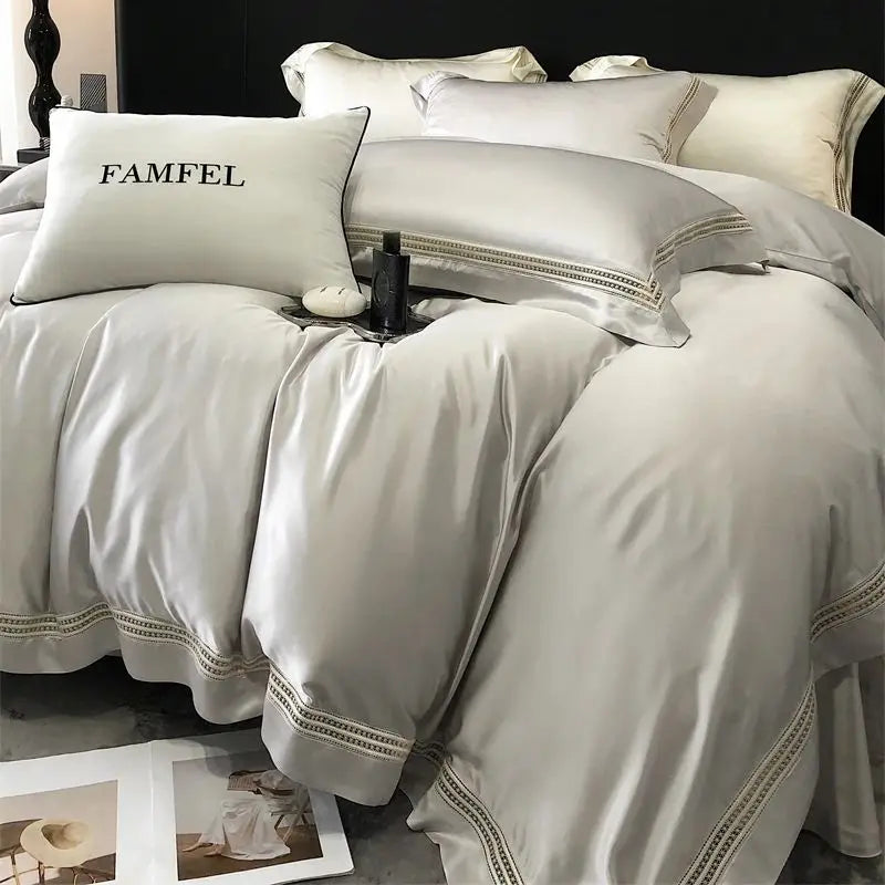 Afralia™ Luxury Lace Edge Bedding Set: Duvet Cover, Bed Sheet, Fitted Sheet, Pillowcases