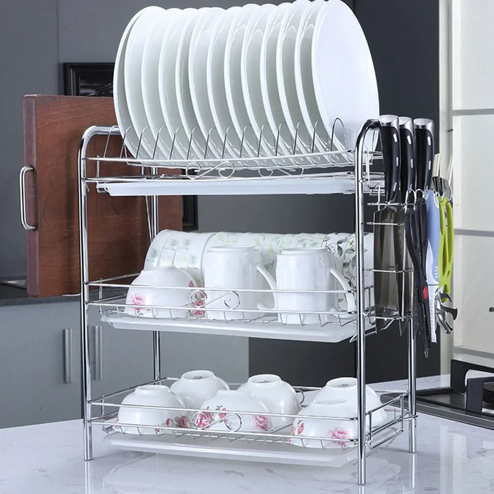 Afralia™ 3-Tier Kitchen Drying Rack & Dish Organizer Shelf with Drain Board
