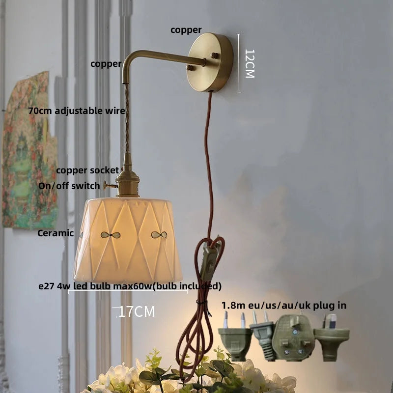 Afralia™ Ceramic Brass LED Wall Light Fixture Pull Chain Switch Bedside Lamp Sconce