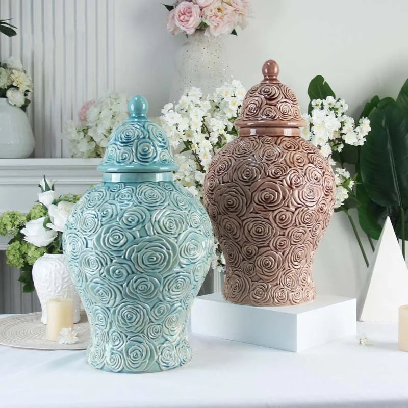 Afralia™ Checkmate Porcelain Ginger Jar with Rose Relief, Storage & Vase