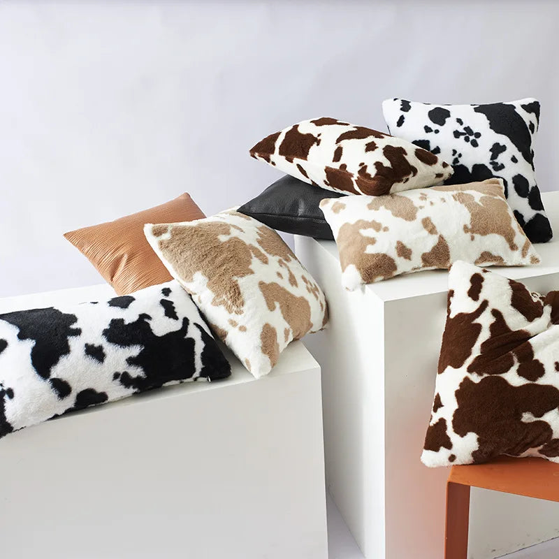 Afralia™ Soft Cow Flower Childlike Pattern Cushion Cover 30X50/45/50CM Plush Throw Pillow Case