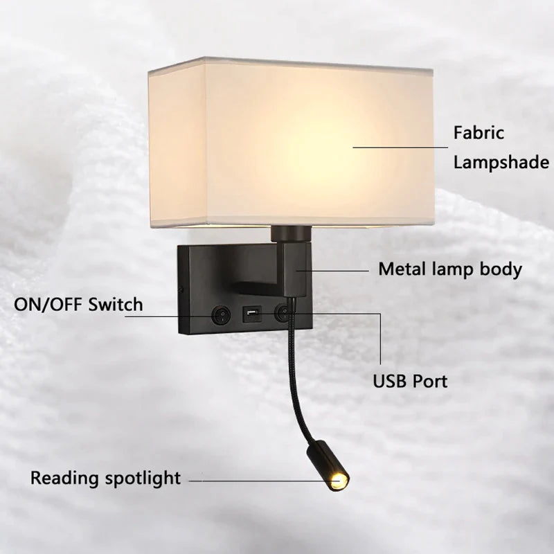 Afralia™ USB Port Bedside Wall Lamp with LED Light for Reading and Phone Charging