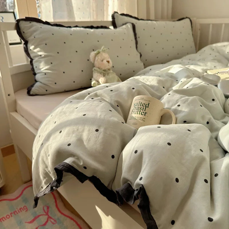 Afralia™ Lace Duvet Cover Bedding Set 4Pcs French Washed Cotton for Single Double Bed