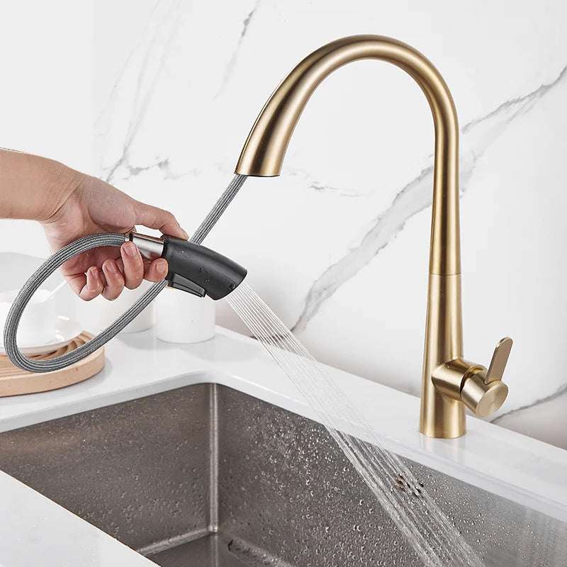 Afralia™ Brushed Gold Kitchen Sink Faucet with Pull Out Spring Spout