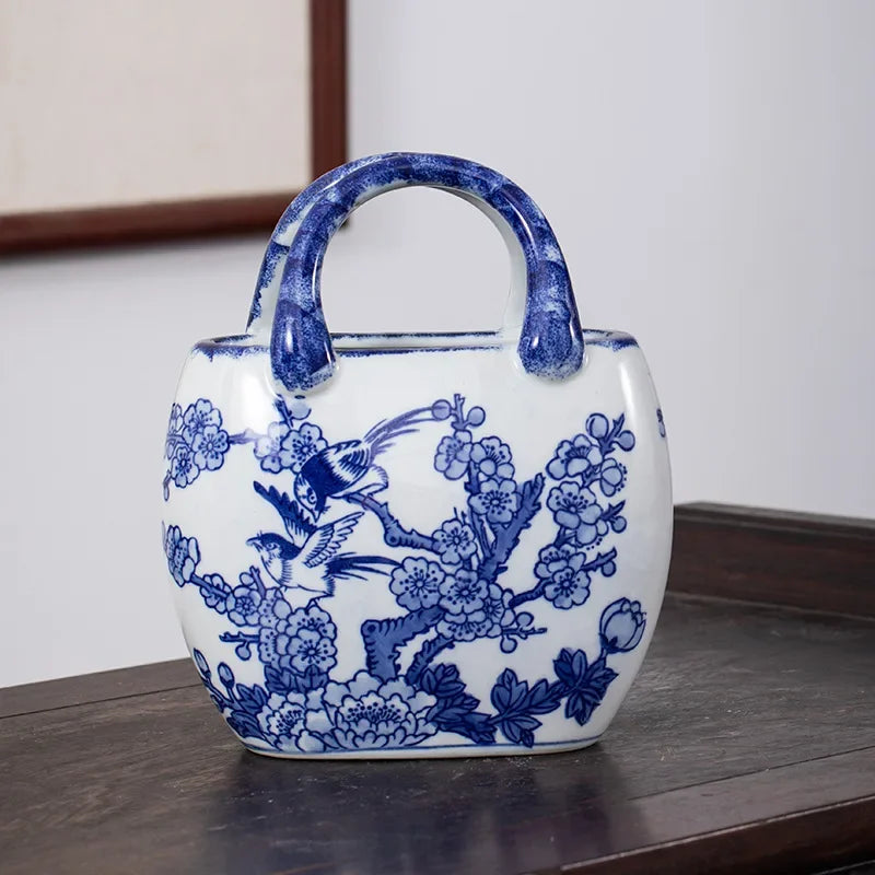 Afralia™ Ceramic Vase Handbag: Blue & White Porcelain Flower Vase Art Craft, Chinese-style Decor