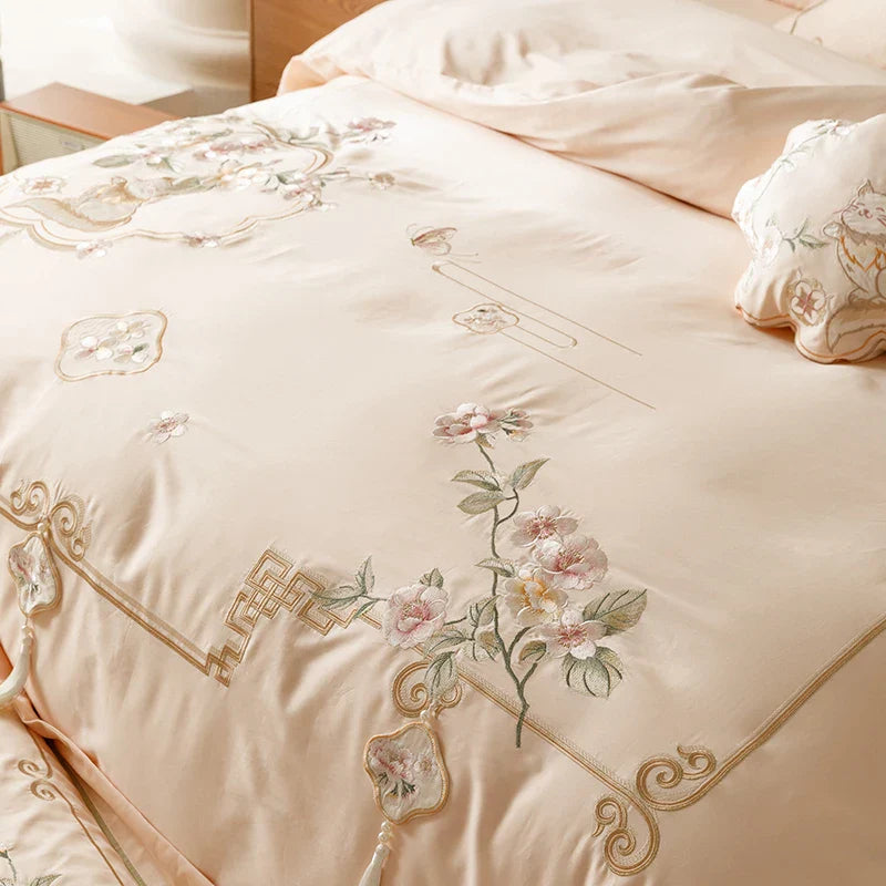 Afralia™ Luxe Flowers Embroidery 1000TC Egyptian Cotton Bedding Set with 2 Pillowcases