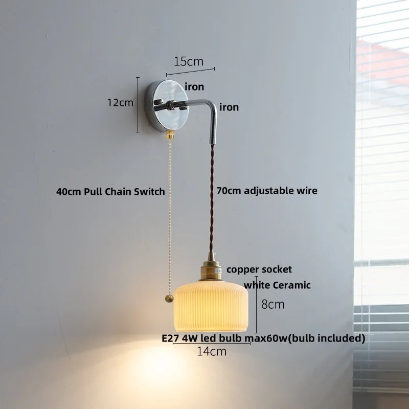 Afralia™ Ash Wood LED Wall Light with Pull Chain Switch – Japanese Style Bedside Lamp