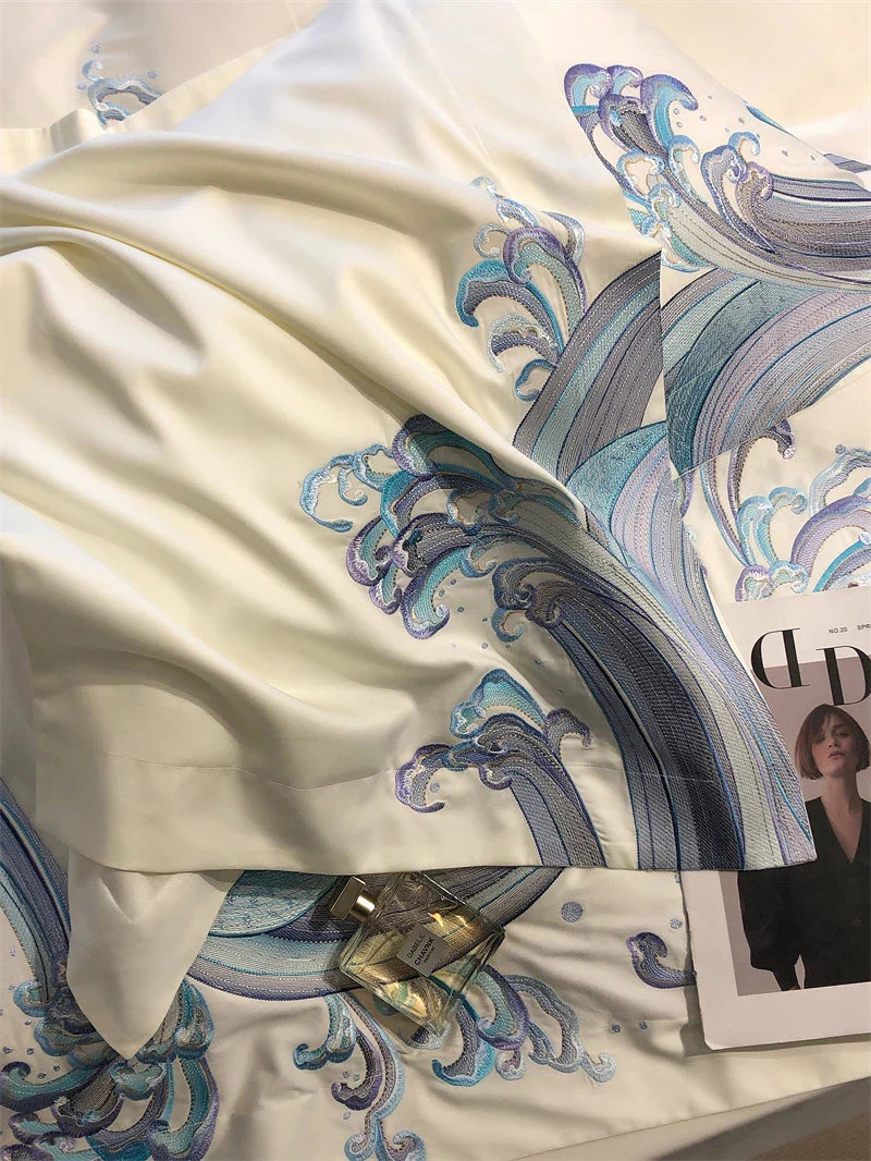 Afralia™ Blue Tides Waves Embroidery 1200TC Luxury Bedding Set with Duvet Cover, Sheet, Pillowcases