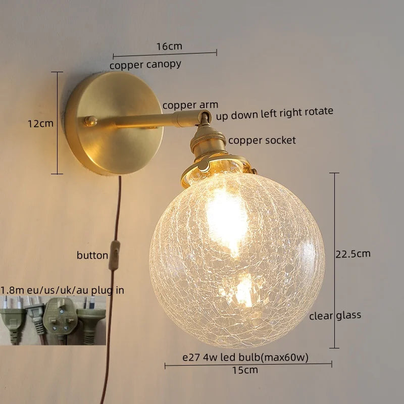 Afralia™ Copper Glass Knob Switch LED Wall Light, Nordic Modern Bedside Lamp