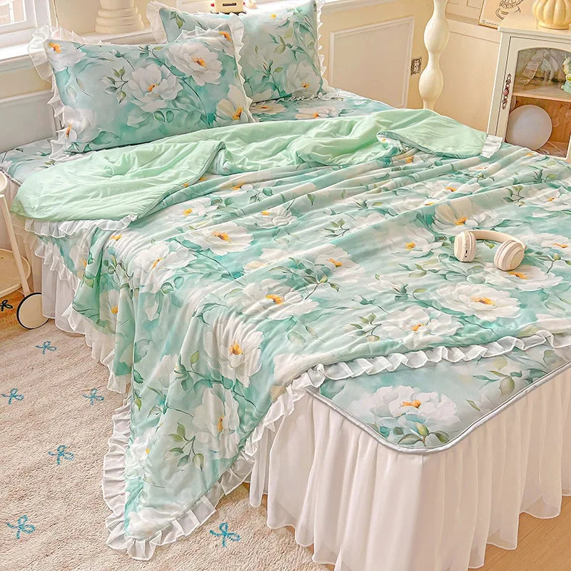 Afralia™ Floral Print Lace and Ruffle Summer Quilt: Skin-Friendly, Breathable Comforter