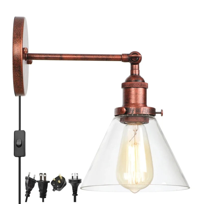 Afralia™ Clear Glass Iron LED Wall Sconce Rustic Industrial Vintage Plug In Light