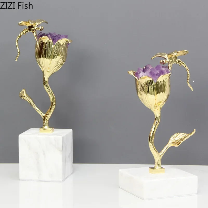 Afralia™ Amethyst Flower Ornaments Gold-plated Dragonfly Decor Sculpture Room Decor