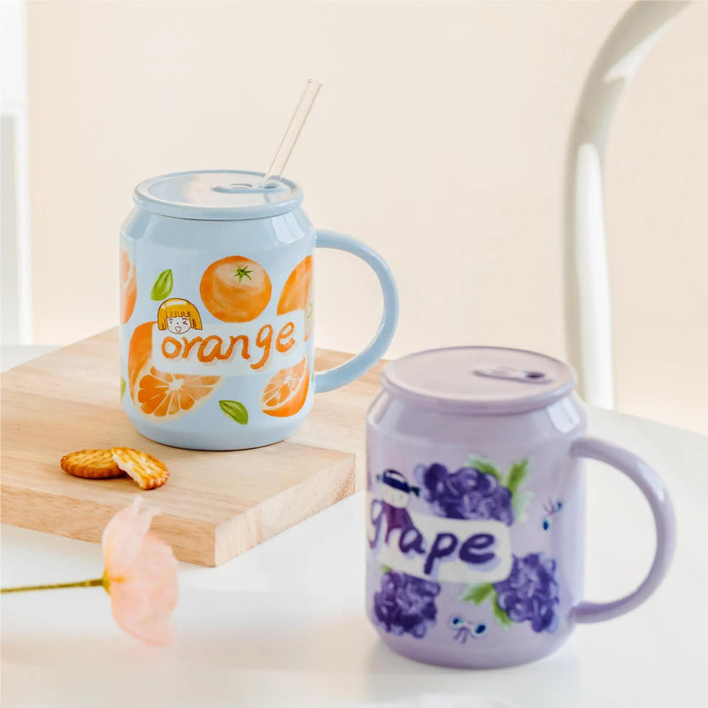 Afralia™ Fruit Shape Ceramic Mug with Lid and Straw, Cute Korean Style Design