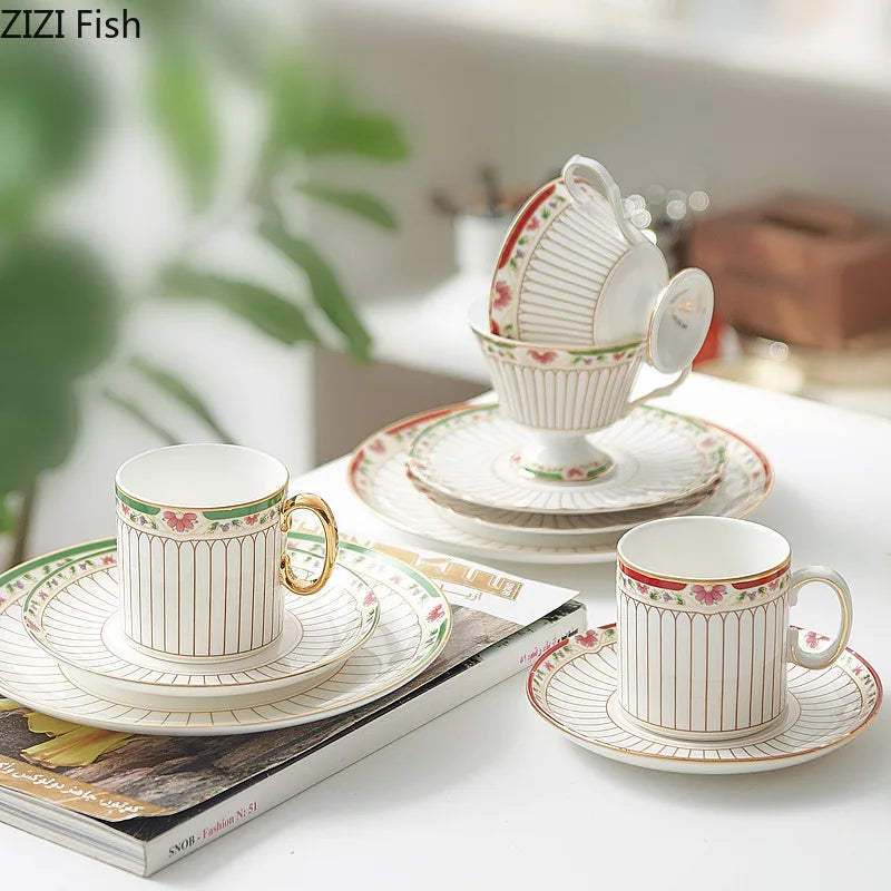 Afralia™ Gold-Striped Ceramic Cup & Saucer Set for Dining Table Coffee Milk Tea Juice