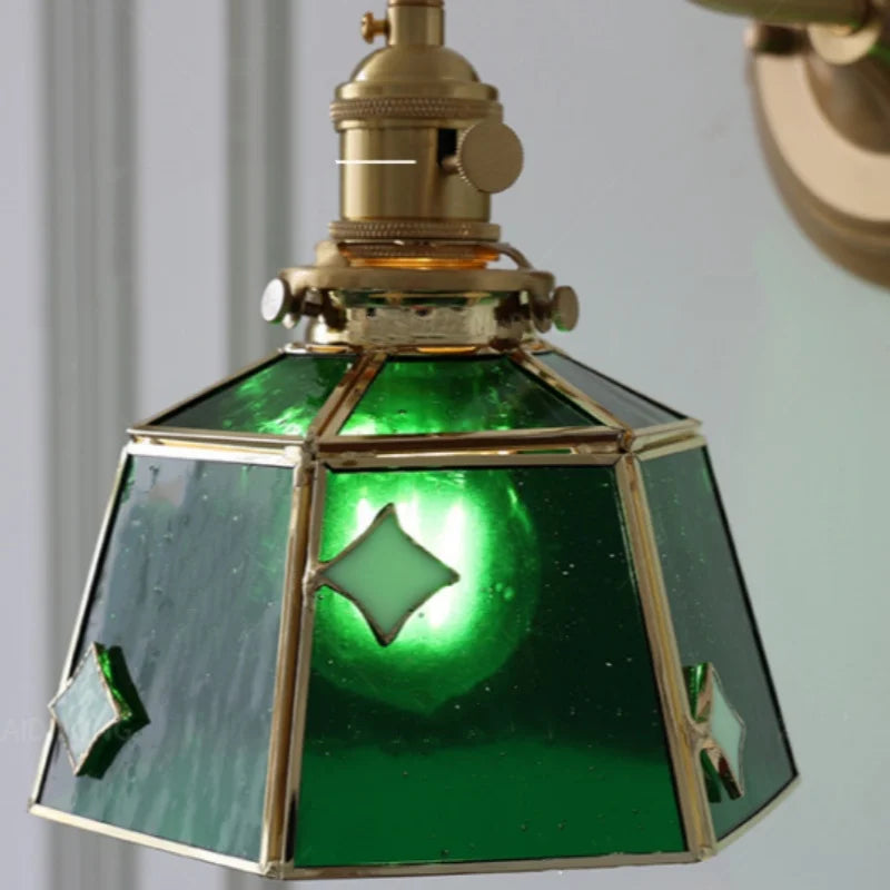 Afralia™ Vintage Green Glass LED Wall Sconce with Copper Knob Switch
