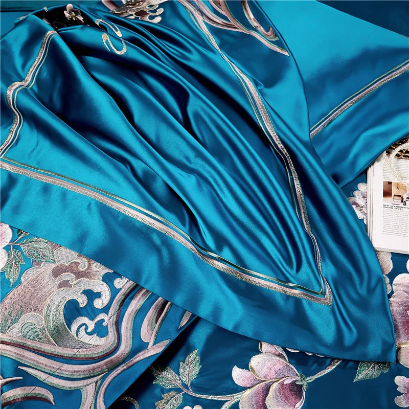 Afralia™ Peony Flowers Embroidery Bedding Set - Luxury Chinese Style - Duvet Cover & Sheets