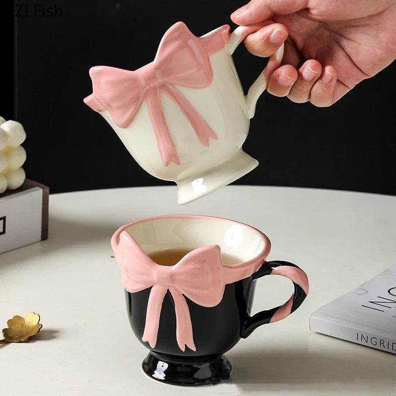 Afralia™ Pink Bowknot Ceramic Tea Coffee Mug - Lovely Table Cup Juice Container