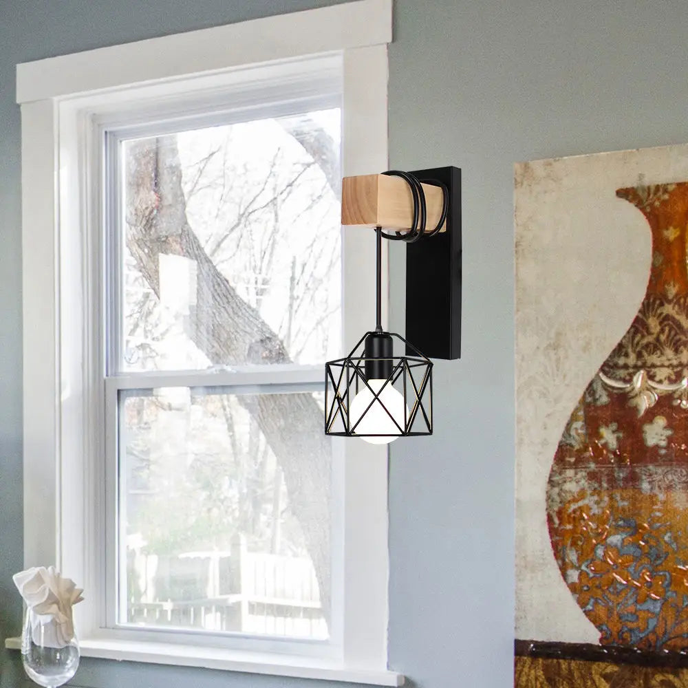 Afralia™ Loft American Iron Wood Wall Sconce Vintage Cage Guard Lampshade Fixture