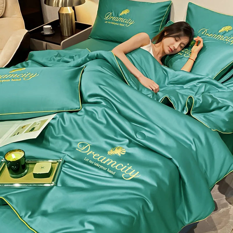 Afralia™ Embroidered Ice Silk Summer Quilt Set with Pillowcases