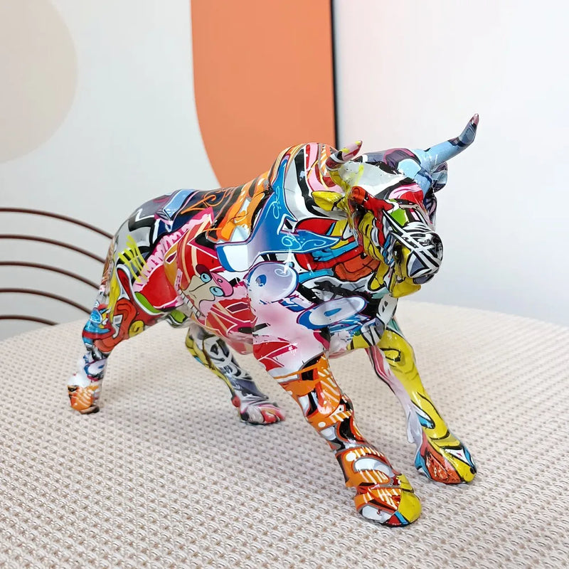 Afralia™ Charging Bull Statue Resin Pop Art Sculpture Home Decor Figurine Mosaic