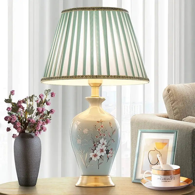 Afralia™ Ceramic Floral Remote Control Table Lamp - Bedroom Decor & Lighting