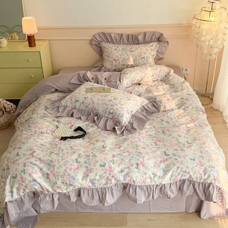 Afralia™ French Floral Cotton Bedding Set with Big Lace Ruffles, Fresh Flowers