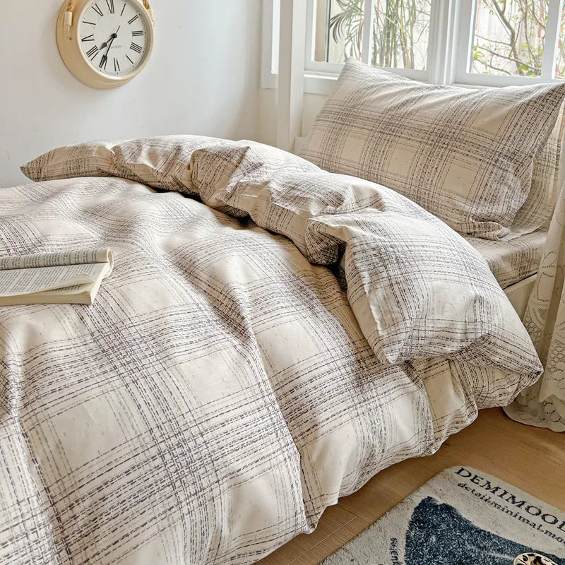 Afralia™ Cotton Grid Pattern Bedding Set with Duvet Cover & Pillowcases for Double Bed