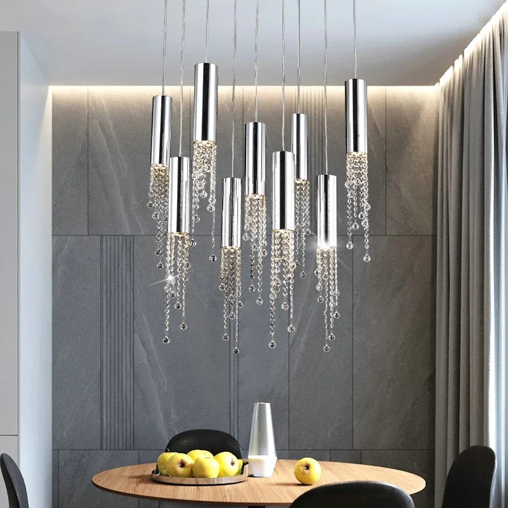 Afralia™ Chrome Crystal LED Ceiling Pendant: Modern Large Staircase & Lobby Lighting