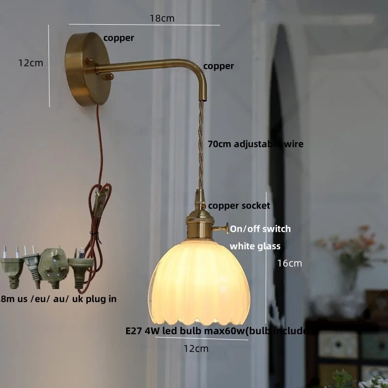 Afralia™ Smoke Gray Glass LED Wall Light Fixture Minimalist Pull Chain Switch Bedside Lamp
