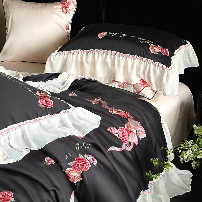Afralia™ Floral Lace Princess Wedding Bedding Set with Lyocell Cotton Duvet Cover & Ruffles